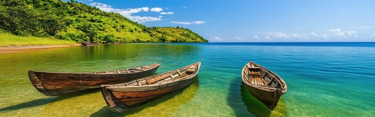 Lake Malawi features clear waters, vibrant fish, and traditional wooden boats under a sunny sky