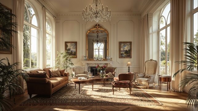 Elegant Living Room Description: Luxurious classic living room with vintage furniture, a golden chandelier, and large windows streaming in natural sunlight
