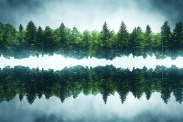 Tranquil Reflection of Lush Green Forest on Calm Water Surface Under Soft Light and Misty Atmospheric Conditions Creating Serene Landscape