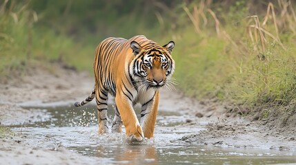 Fototapeta na wymiar Bengal tiger walks through shallow river