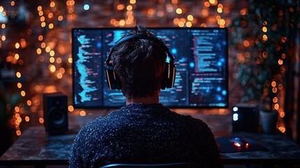 Obraz premium Person coding in a dimly lit room with monitors.