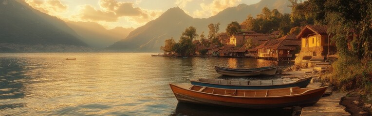 Obraz premium Majestic sunset over Lake Atitlan, Guatemala showcasing serene waters and traditional boats
