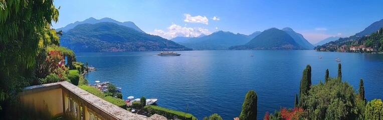 Obraz premium Explore the scenic beauty of Lake Como with luxurious villas and lush landscapes under a vibrant blue sky