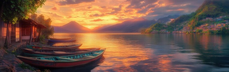 Stunning sunset over Lake Atitlan in Guatemala with colorful boats lining the shore