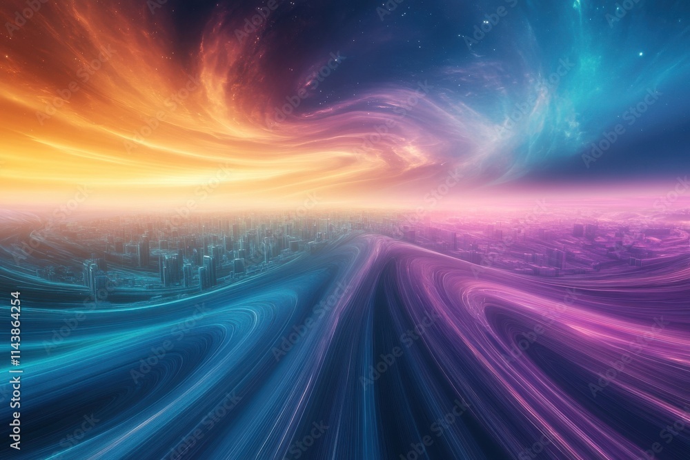 Poster surreal abstract cityscape with colorful swirls and cosmic background capturing the essence of imagi