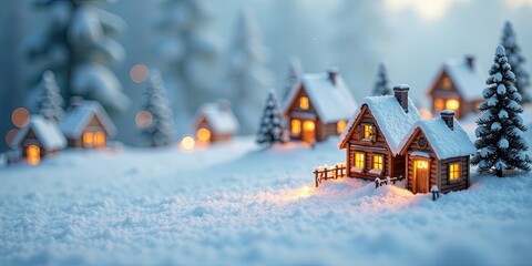 Fototapeta premium Cozy Winter Village Scene with Illuminated Houses Nestled in a Snowy Landscape