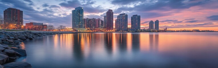 Obraz premium View of Hudson River reflecting New York skyline at sunset with vibrant colors and calm water