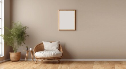 Modern minimalist living room interior design with wicker chair