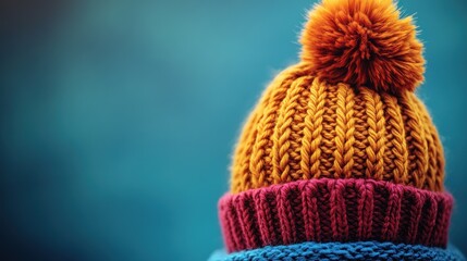 Close-up of a warm, knitted winter hat with a fluffy pom-pom.