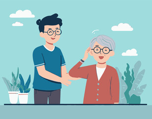 Obraz premium Young Caregiver Assisting Elderly Senior Care Home Professional Healthcare Worker Supporting Aged Patient Nursing Home Care Service Illustration Elderly Concept Vector