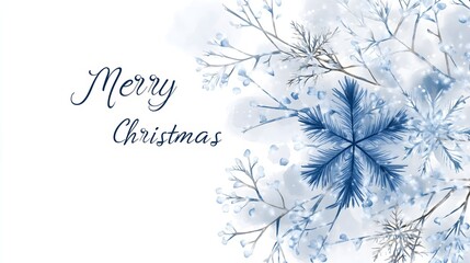 Elegant Merry Christmas text with blue ornaments and frosted branches, winter holiday concept for greeting cards, corporate materials and seasonal business promotions. Perfect for retail displays.