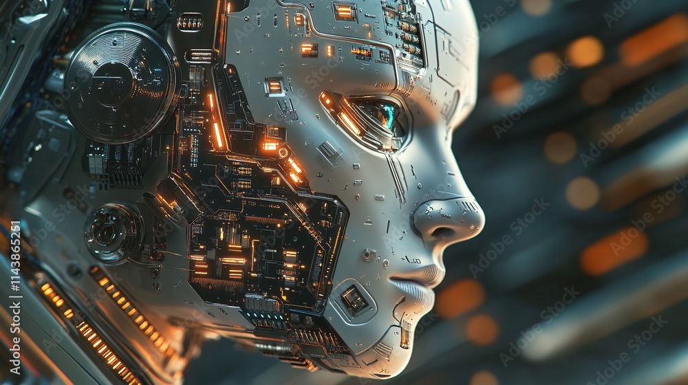 Poster a futuristic humanoid robot with intricate circuitry and glowing components, showcasing advanced tec