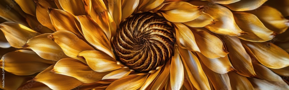 Poster sunflower petals arranged in a mesmerizing spiral pattern showcasing intricate textures and warm hue