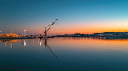 Fototapeta premium Serene Sunset Over Calm Waters Featuring a Construction Crane and Reflections, Industrial Landscape with Vibrant Sky Colors and Gentle Moonlight