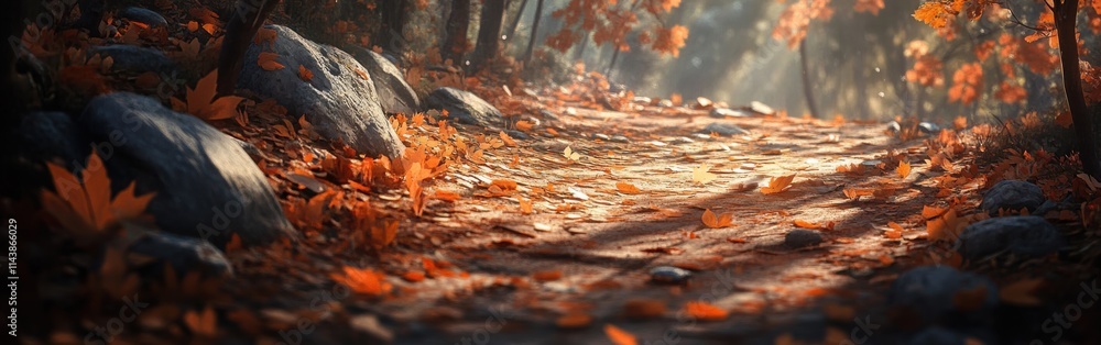 Poster autumn leaves create a vibrant carpet along a serene forest path under soft golden light