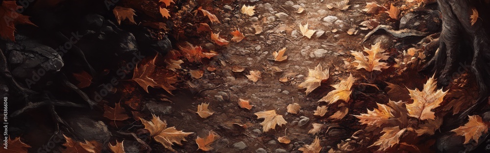 Poster autumn leaves scattered along a winding path in a serene forest setting