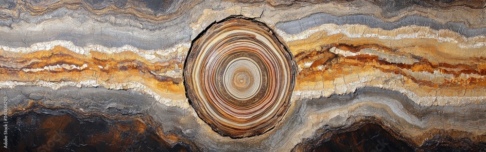 Poster Detailed view of a cross-section of a split log revealing unique growth rings and natural patterns