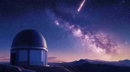 Observatory dome at night under a vibrant Milky Way galaxy with a shooting star.