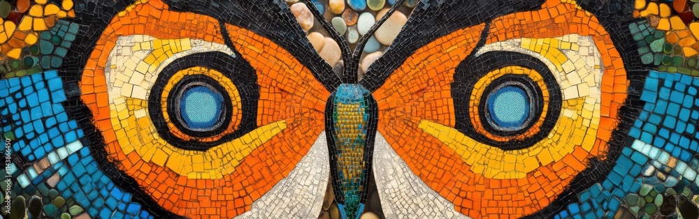 Poster Close-up view of intricate mosaic patterns resembling a butterfly's wings showcased in vibrant colors