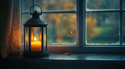 Lit candle lantern on windowsill, autumnal scene.