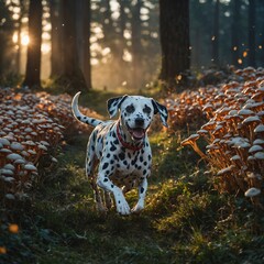 A Dalmatian running through a field of giant glowing mushrooms.