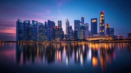 Fototapeta premium Stunning cityscape skyline reflected in calm water at twilight.