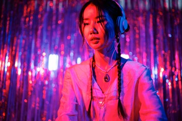 close-up of a female DJ in headphones, illuminated by pink and blue lighting, with a sparkling backdrop of shimmering streamers creating a vivid, colorful atmosphere.