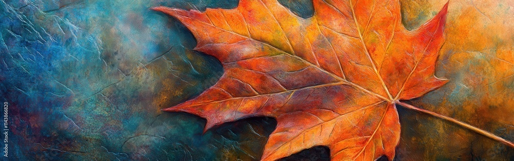 Poster close-up view of a vibrant maple leaf with vivid autumn colors against an artistic textured backgrou