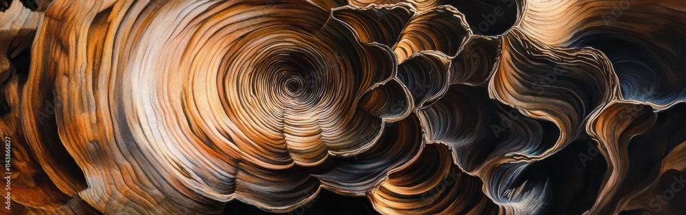 Poster Close-up view of a freshly cut tree stump showcasing intricate patterns and natural textures