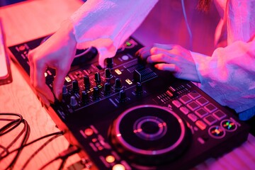 detailed close-up of a DJ's hands operating knobs and sliders on a professional mixer during a vibrant club performance with pink and blue lighting enhancing the atmosphere.