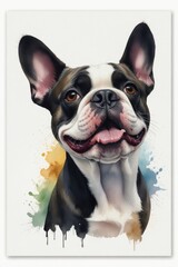 Fototapeta premium French bulldog portrait in black and white with colorful watercolor splashes and white background