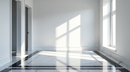 Fototapeta premium Sunlit Empty Room with Marble Floor and White Walls