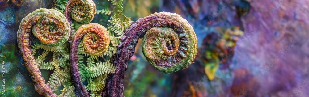 Poster Spring green ferns unfurling in a vibrant forest environment showcasing intricate patterns and textures