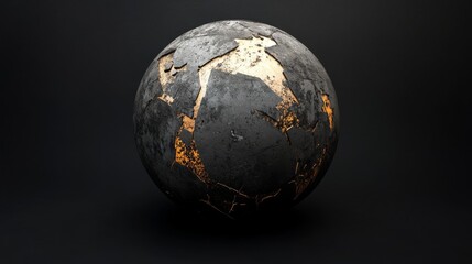 Fototapeta premium 3d render of abstract damaged white concrete ball with golden parts on black background