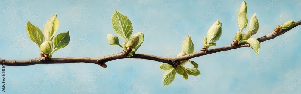 Poster Spring buds burst open on a tree branch against a bright, clear sky revealing fresh green leaves and new beginnings