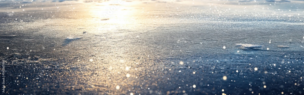 Poster frozen lake surface glistens in winter sunlight showcasing intricate ice patterns and shimmering det