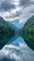 Fototapeta premium Deep blue Lake Ritsa in Abkhazia reflects mountains and clouds on a serene day