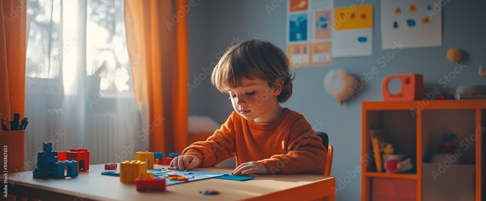 Poster a young child engages in creative play with building blocks at a colorful table.