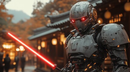 Fototapeta premium Futuristic robot with red lightsaber stands in a Japanese temple setting.