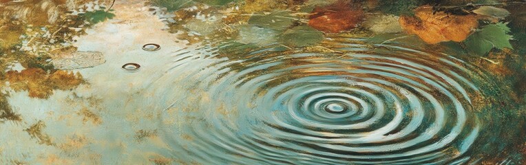 Delicate raindrops falling on water surface, creating ripples among colorful autumn leaves and reflections in a peaceful setting