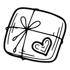 Gift box in wrapping paper hand drawn doodle. Present for holiday. Congratulation surprise. Packaging. Decorative ribbon. Celebration with love. Vector line art illustration.