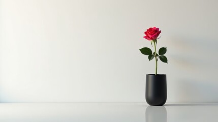 Fototapeta premium Single red rose in a simple black vase against a minimalist white background