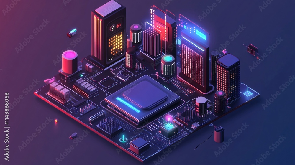 Poster a vibrant and futuristic illustration of a microprocessor and circuit board, featuring neon colors a