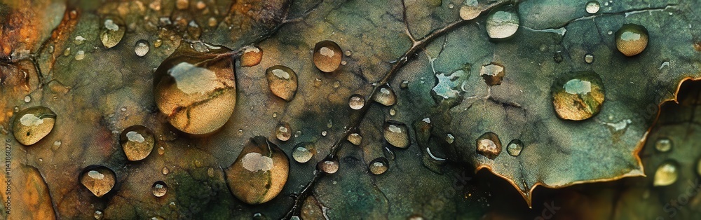 Poster close-up view of water droplets resting on the surface of a leaf surrounded by natural elements in a
