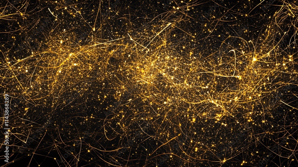 Poster a mesmerizing abstract image featuring luminous golden strands and particles against a dark backgrou