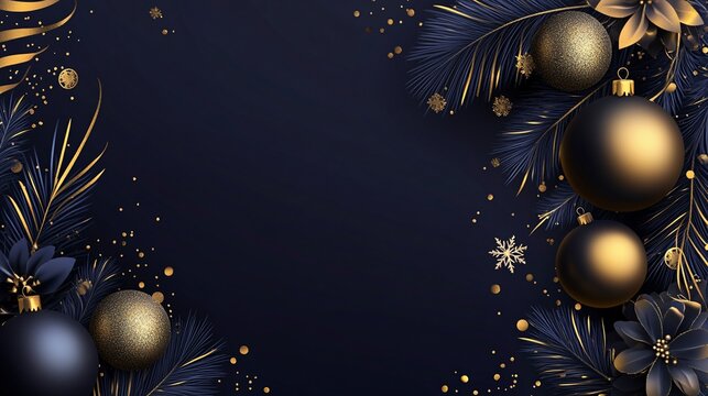 Elegant black and gold Christmas decorations with pine branches and ornaments, perfect for holiday greetings.