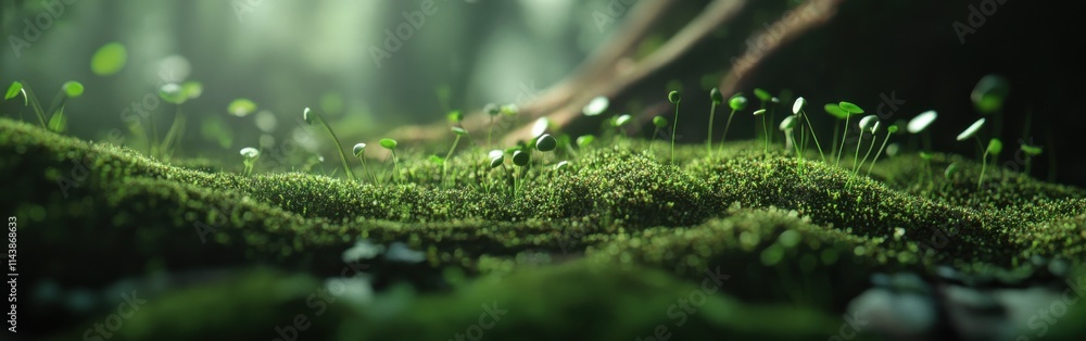 Poster close-up of lush green spring moss showcasing tiny budding plants in a tranquil forest setting