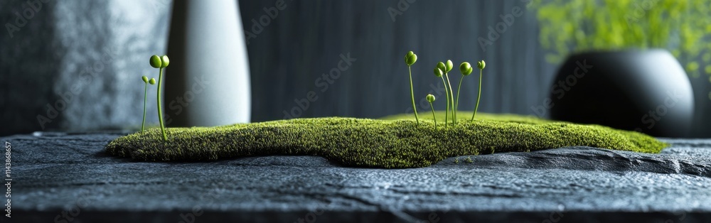 Poster close-up view of vibrant spring moss with tiny buds sprouting in a serene indoor setting