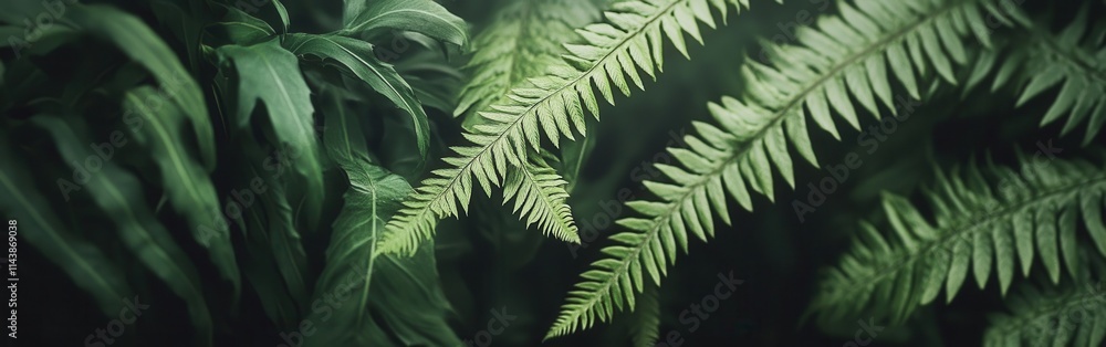 Poster close-up view of vibrant fern leaves highlighting intricate veins and textures in a lush forest envi