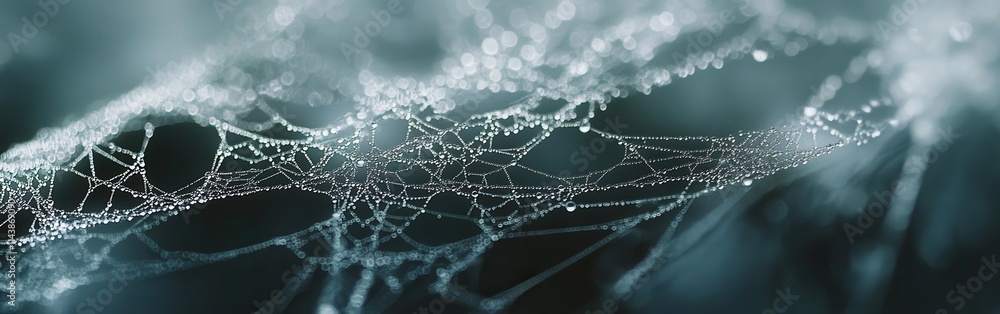Poster intricate spiderweb adorned with droplets at dawn in a serene natural setting